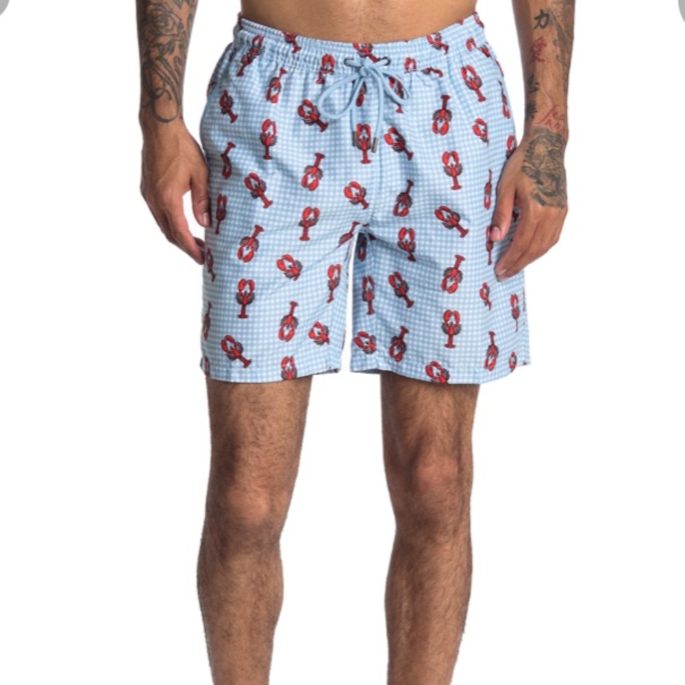 🦞🦞MR. SWIM  love this print!🦞🦞
Gingham Lobster Drawstring Swim Trunks